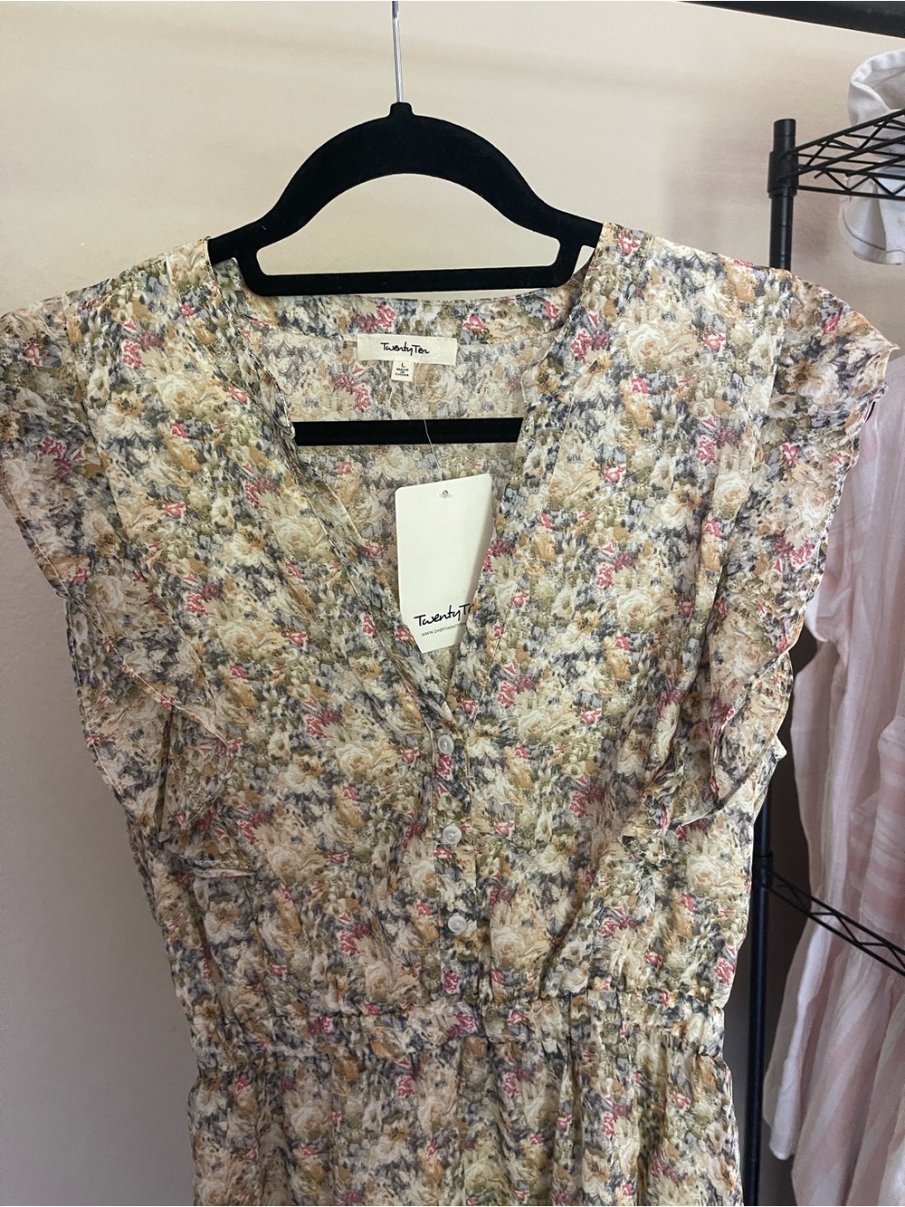 Twenty Ten Floral Button-Front Midi Dress in Cream and Pink